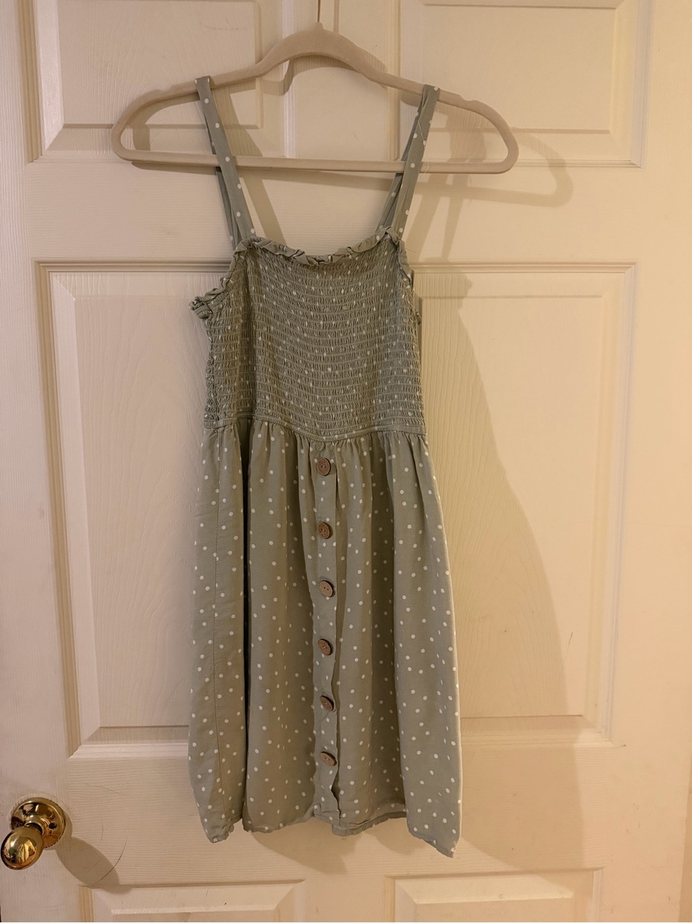 Pink Rose Sage Green Polka Dot Sundress with Smocked Bodice